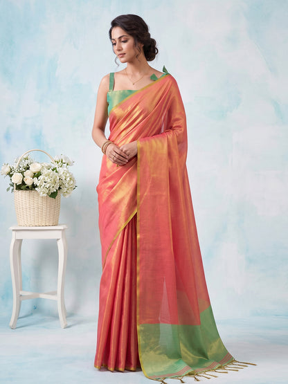 Sutriti Women Coral Peach & Green Solid Tissue Silk Saree with Contrast Border