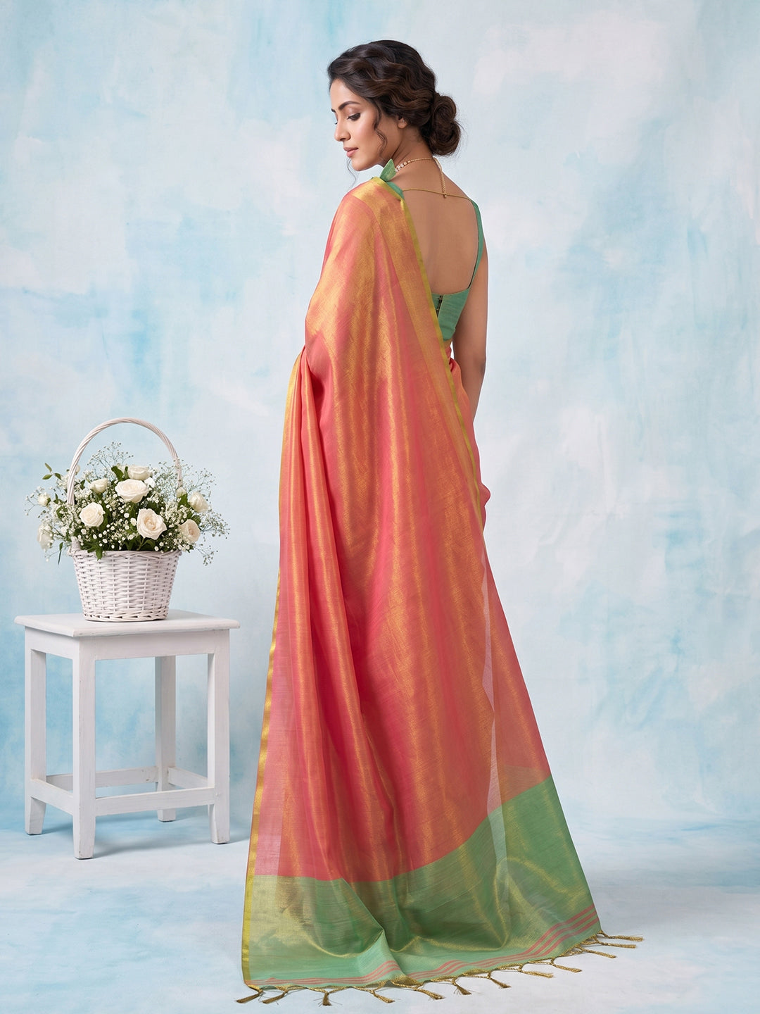 Sutriti Women Coral Peach & Green Solid Tissue Silk Saree with Contrast Border