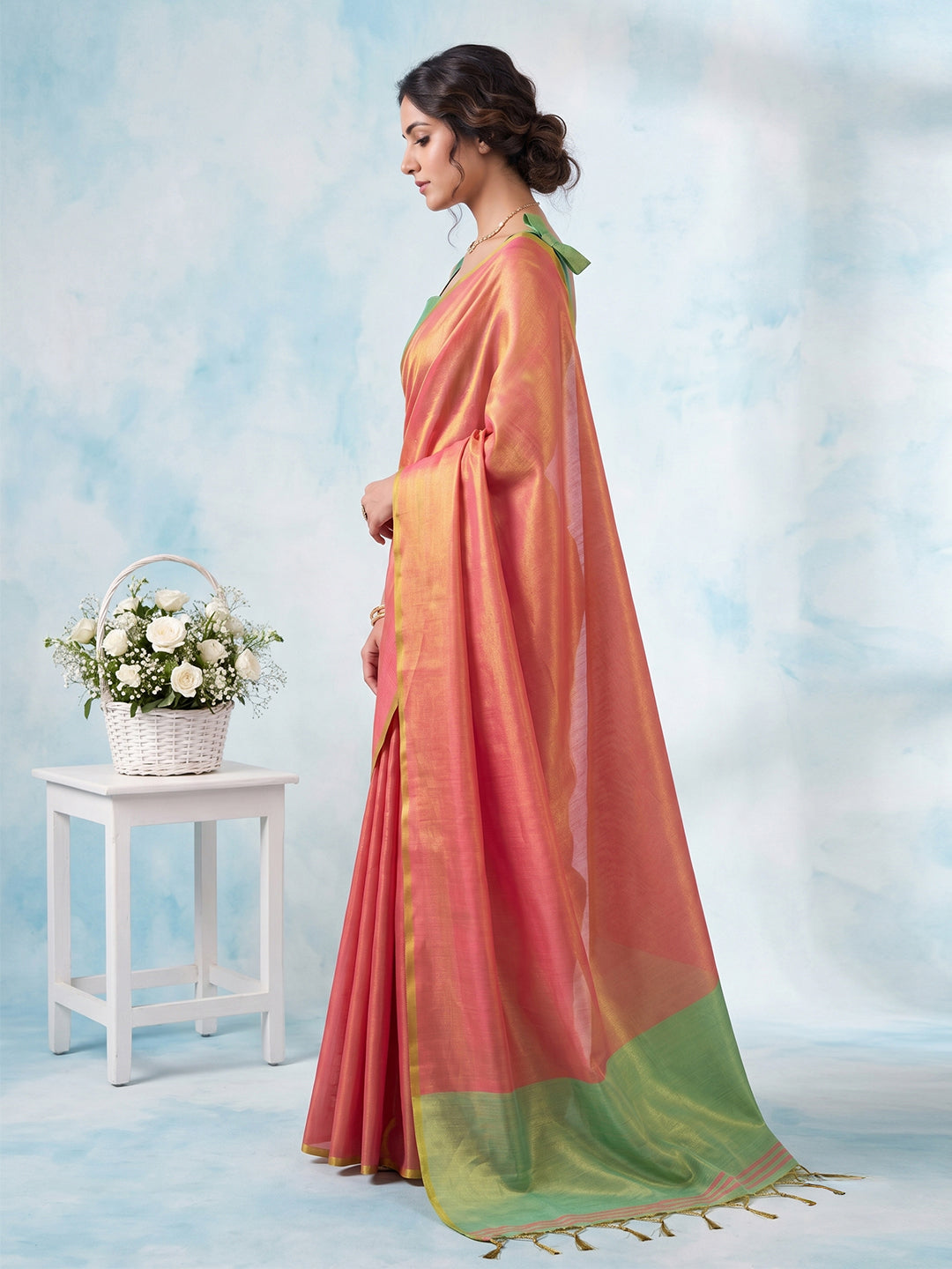Sutriti Women Coral Peach & Green Solid Tissue Silk Saree with Contrast Border