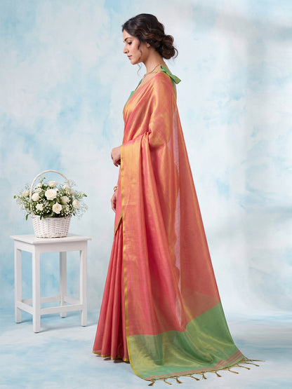Sutriti Women Coral Peach & Green Solid Tissue Silk Saree with Contrast Border