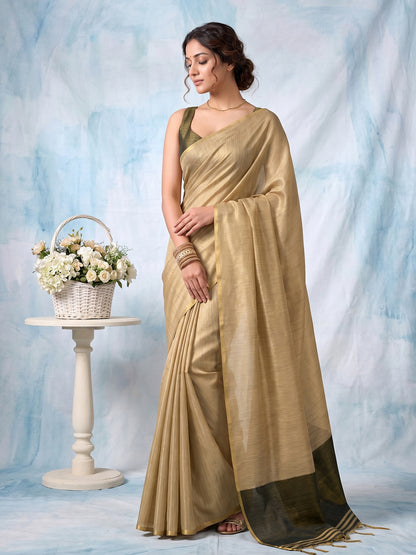 Sutriti Women Beige & Olive Green Solid Tissue Silk Saree with Zari Border