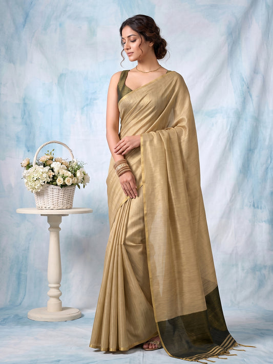 Sutriti Women Beige & Olive Green Solid Tissue Silk Saree with Zari Border