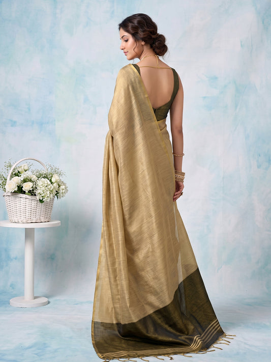 Sutriti Women Beige & Olive Green Solid Tissue Silk Saree with Zari Border