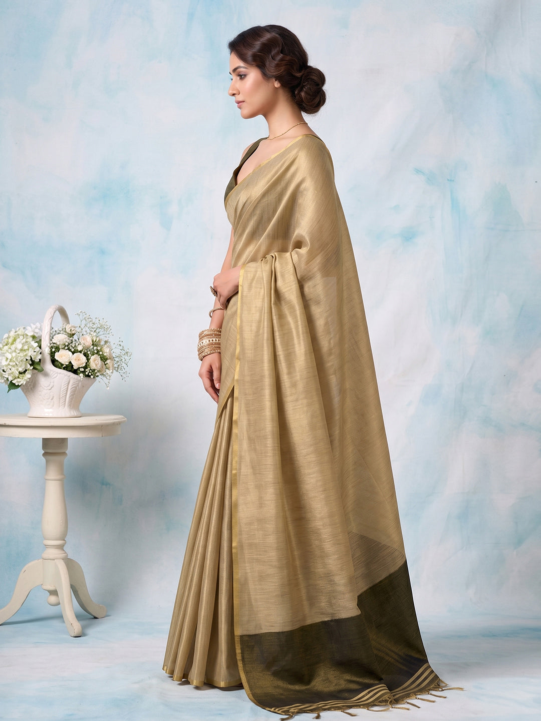 Sutriti Women Beige & Olive Green Solid Tissue Silk Saree with Zari Border