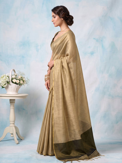 Sutriti Women Beige & Olive Green Solid Tissue Silk Saree with Zari Border