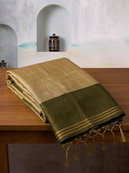 Sutriti Women Beige & Olive Green Solid Tissue Silk Saree with Zari Border
