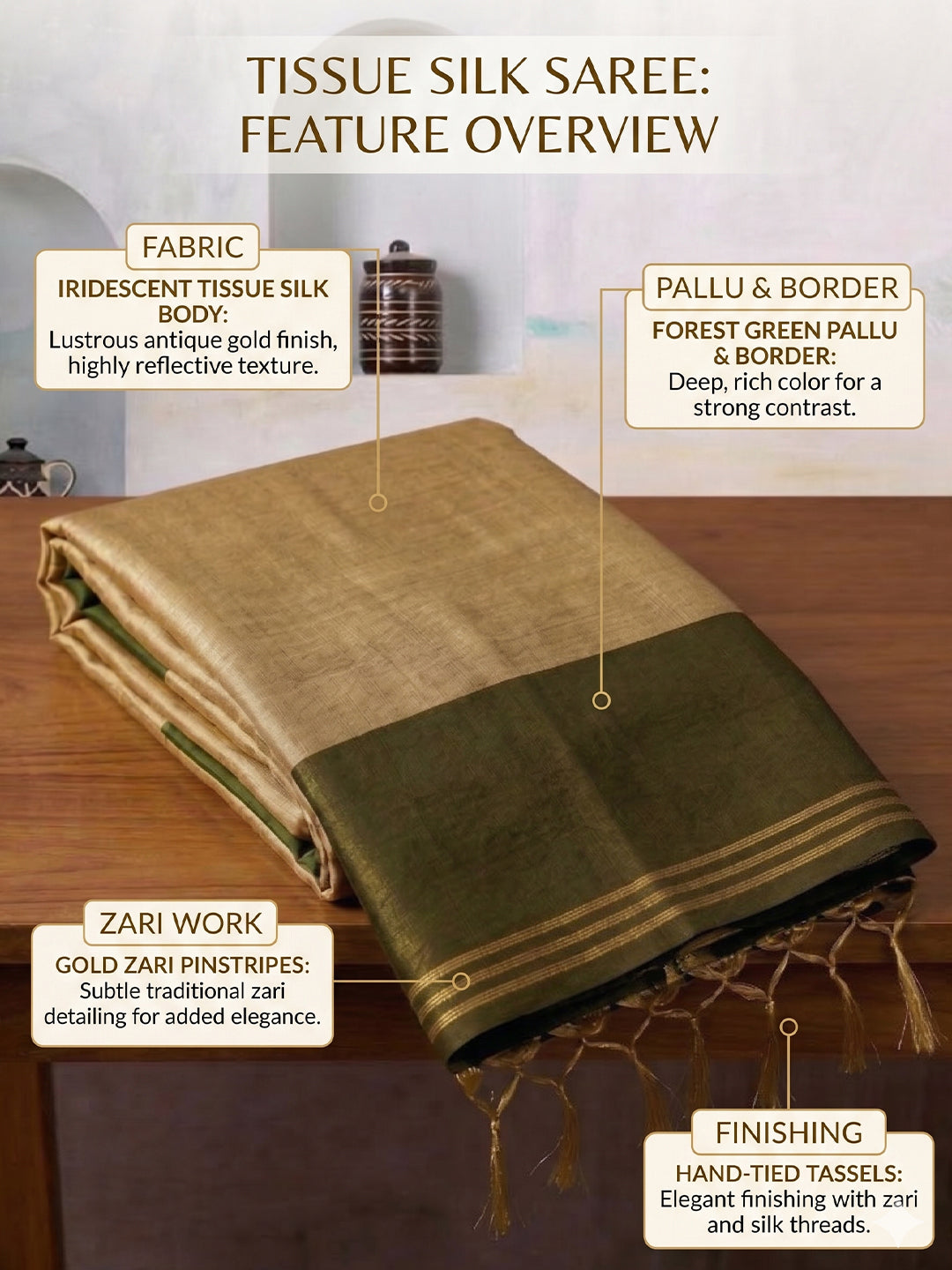 Sutriti Women Beige & Olive Green Solid Tissue Silk Saree with Zari Border