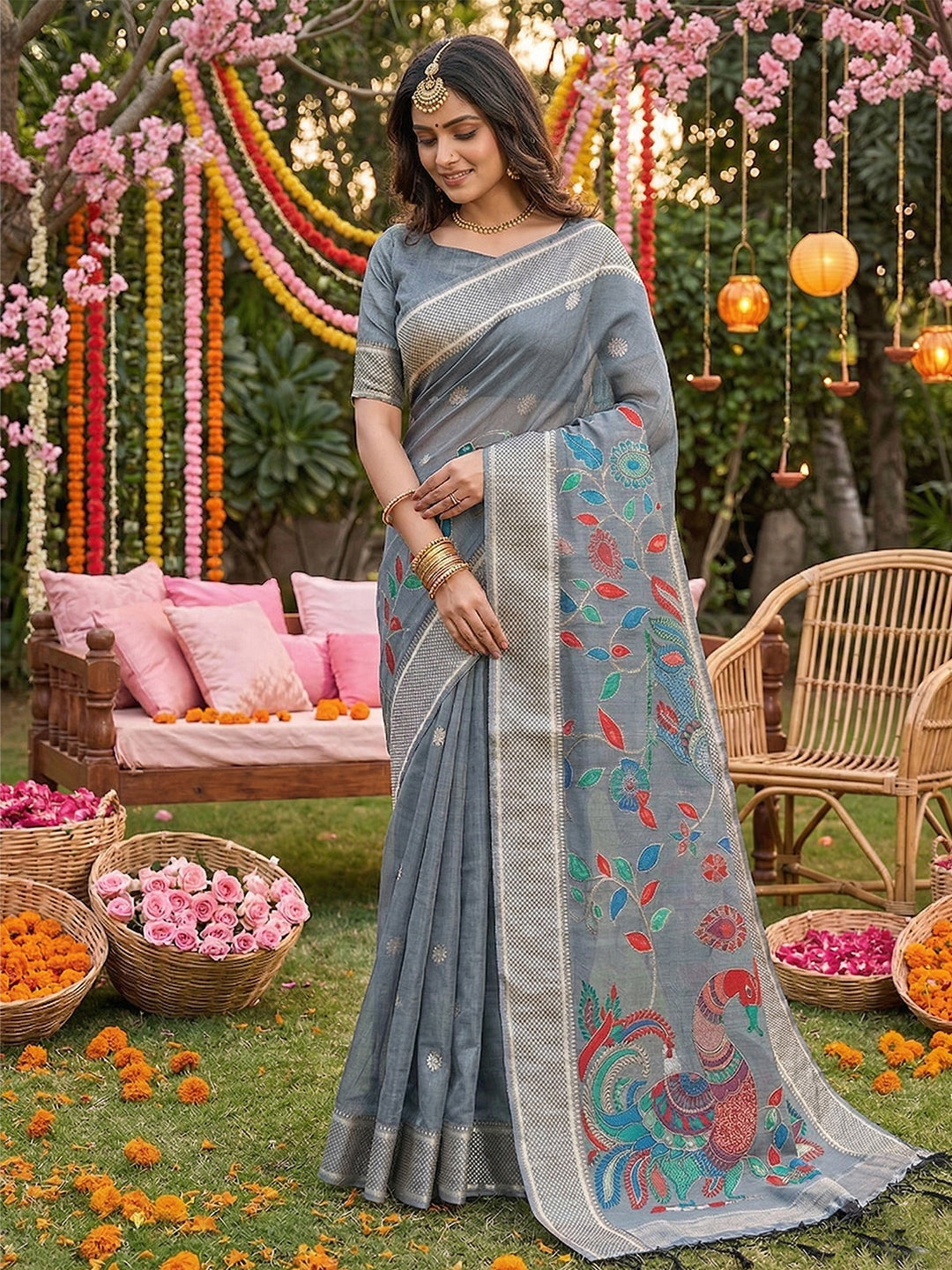 Sutriti Grey Linen Saree for Women Festive Wedding PSofty Wear Ethnic Designer Saree