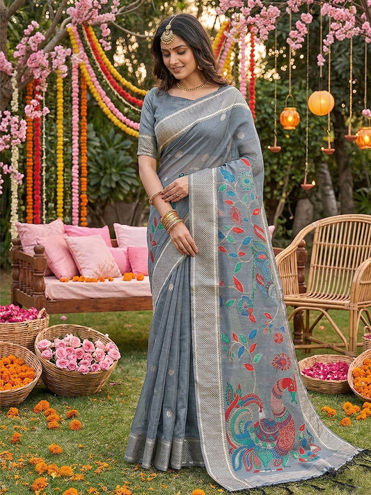 Sutriti Grey Linen Saree for Women Festive Wedding PSofty Wear Ethnic Designer Saree