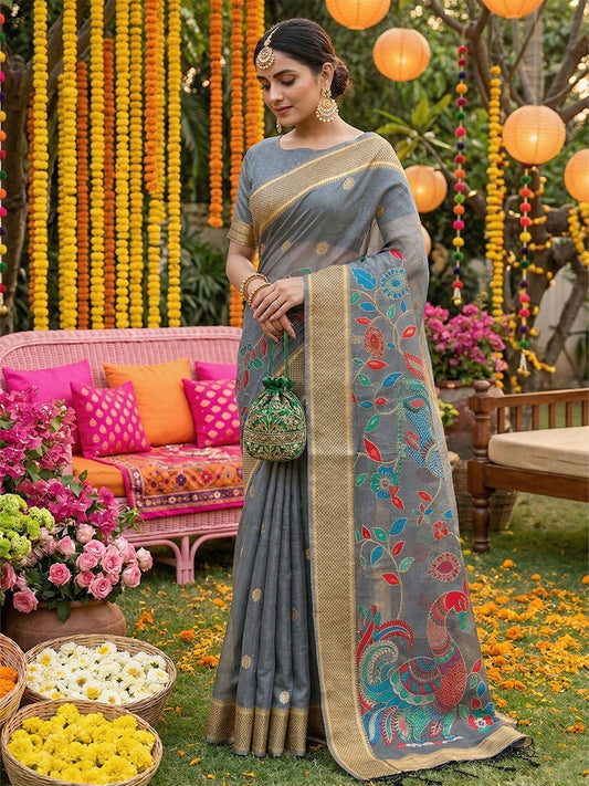 Sutriti Grey Linen Saree for Women Festive Wedding PSofty Wear Ethnic Designer Saree