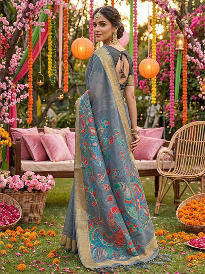 Sutriti Grey Linen Saree for Women Festive Wedding PSofty Wear Ethnic Designer Saree