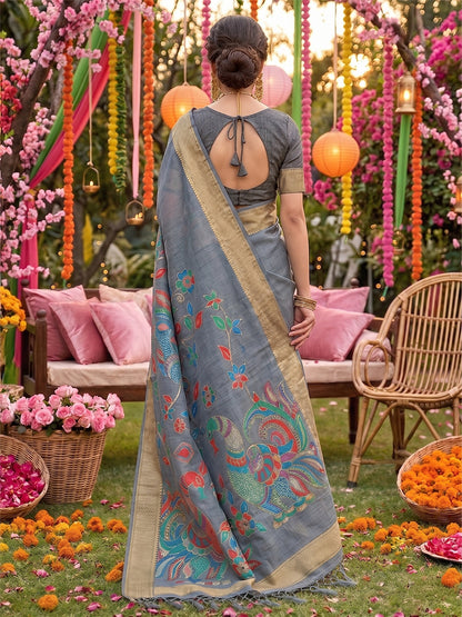 Sutriti Grey Linen Saree for Women Festive Wedding PSofty Wear Ethnic Designer Saree