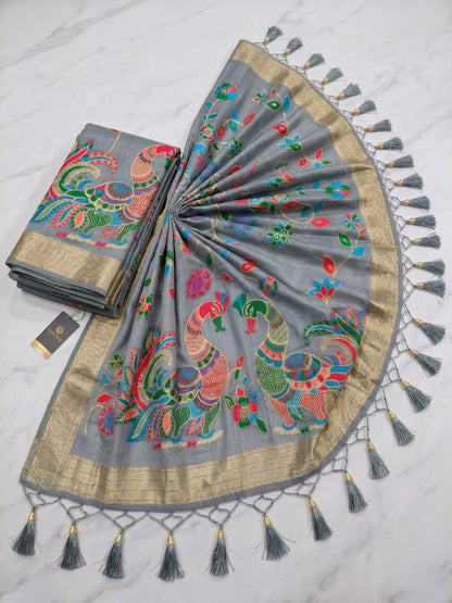 Sutriti Grey Linen Saree for Women Festive Wedding PSofty Wear Ethnic Designer Saree