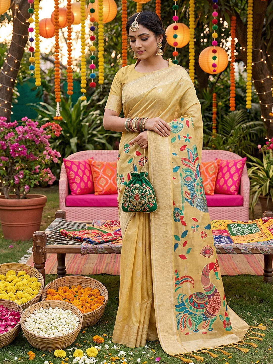 Sutriti Mustard Tissue Silk Saree for Women Festive Wedding PSofty Wear Ethnic Saree
