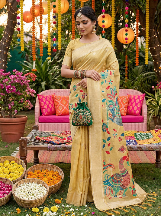 Sutriti Mustard Tissue Silk Saree for Women Festive Wedding PSofty Wear Ethnic Saree