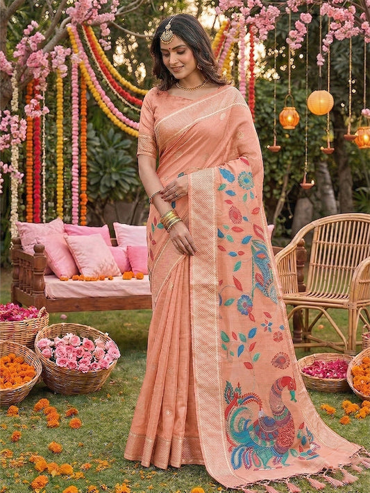 Sutriti Peach Linen Saree for Women Festive Wedding PSofty Wear Ethnic Designer Saree