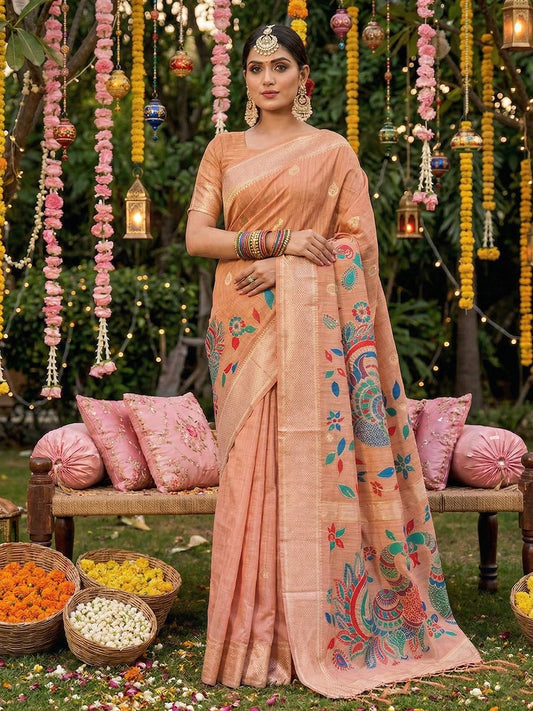 Sutriti Peach Linen Saree for Women Festive Wedding PSofty Wear Ethnic Designer Saree