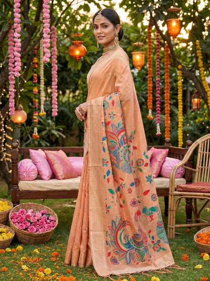 Sutriti Peach Linen Saree for Women Festive Wedding PSofty Wear Ethnic Designer Saree