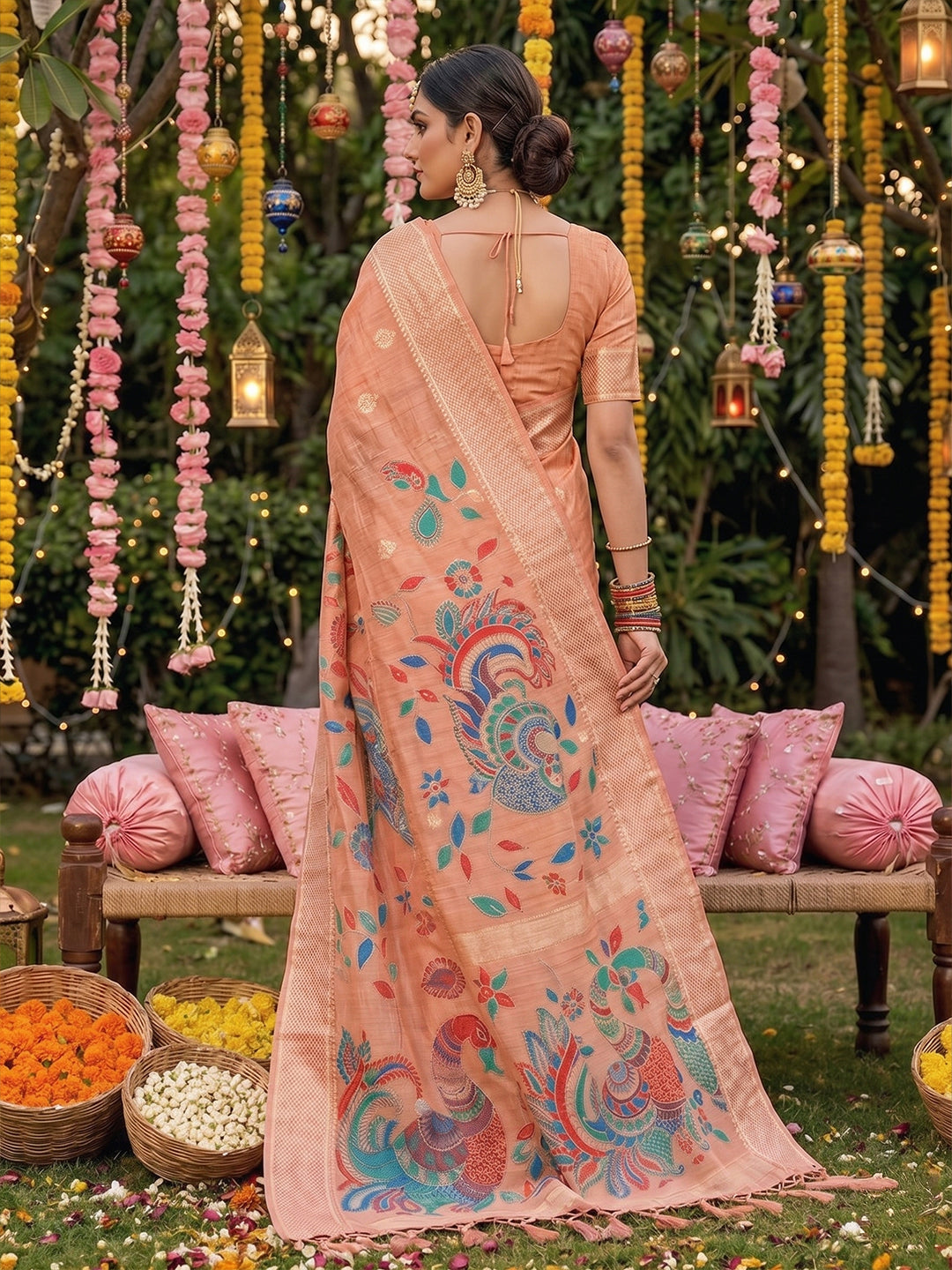 Sutriti Peach Linen Saree for Women Festive Wedding PSofty Wear Ethnic Designer Saree