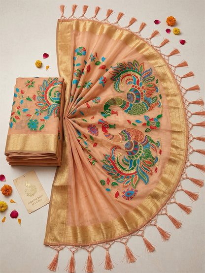 Sutriti Peach Linen Saree for Women Festive Wedding PSofty Wear Ethnic Designer Saree