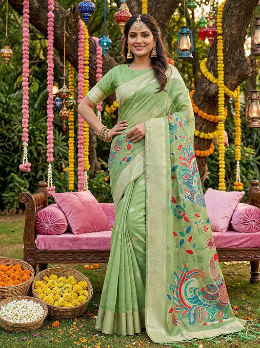 Sutriti Mehendi Green Linen Saree for Women Festive Wedding PSofty Wear Ethnic Saree