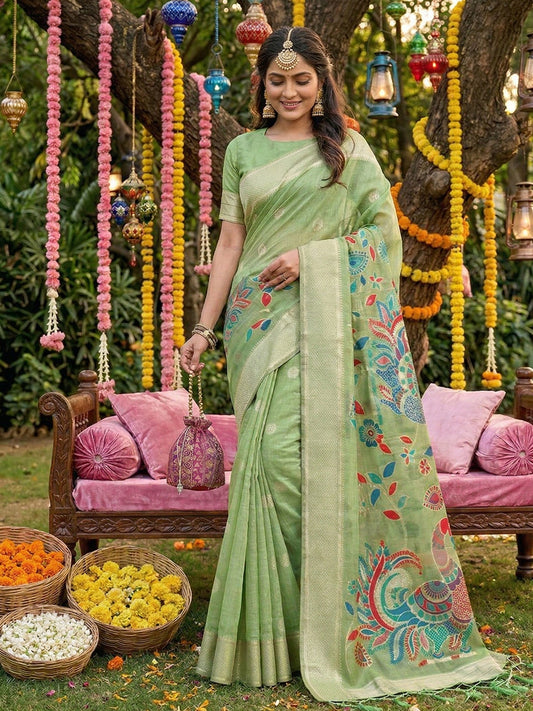 Sutriti Mehendi Green Linen Saree for Women Festive Wedding PSofty Wear Ethnic Saree