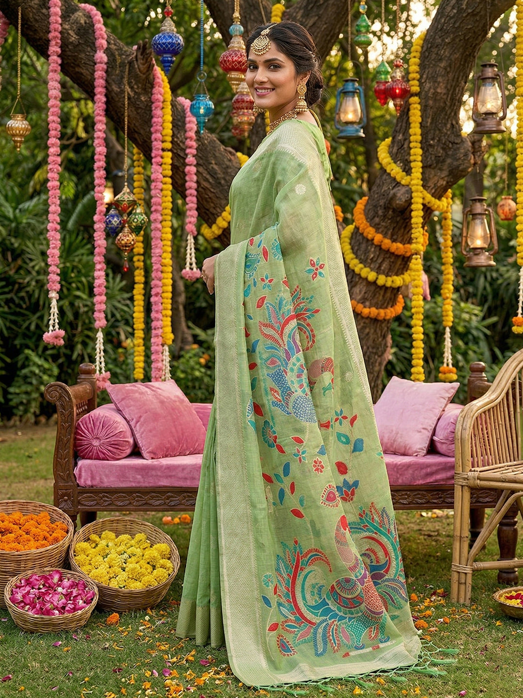 Sutriti Mehendi Green Linen Saree for Women Festive Wedding PSofty Wear Ethnic Saree