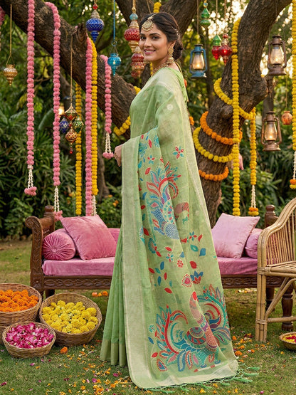 Sutriti Mehendi Green Linen Saree for Women Festive Wedding PSofty Wear Ethnic Saree