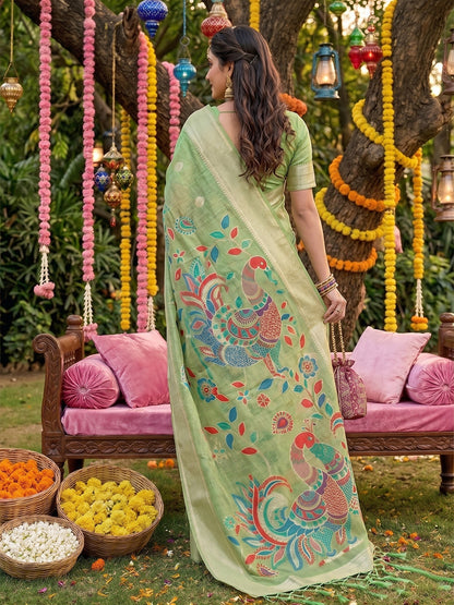 Sutriti Mehendi Green Linen Saree for Women Festive Wedding PSofty Wear Ethnic Saree
