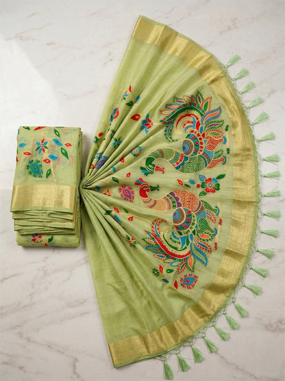 Sutriti Mehendi Green Linen Saree for Women Festive Wedding PSofty Wear Ethnic Saree