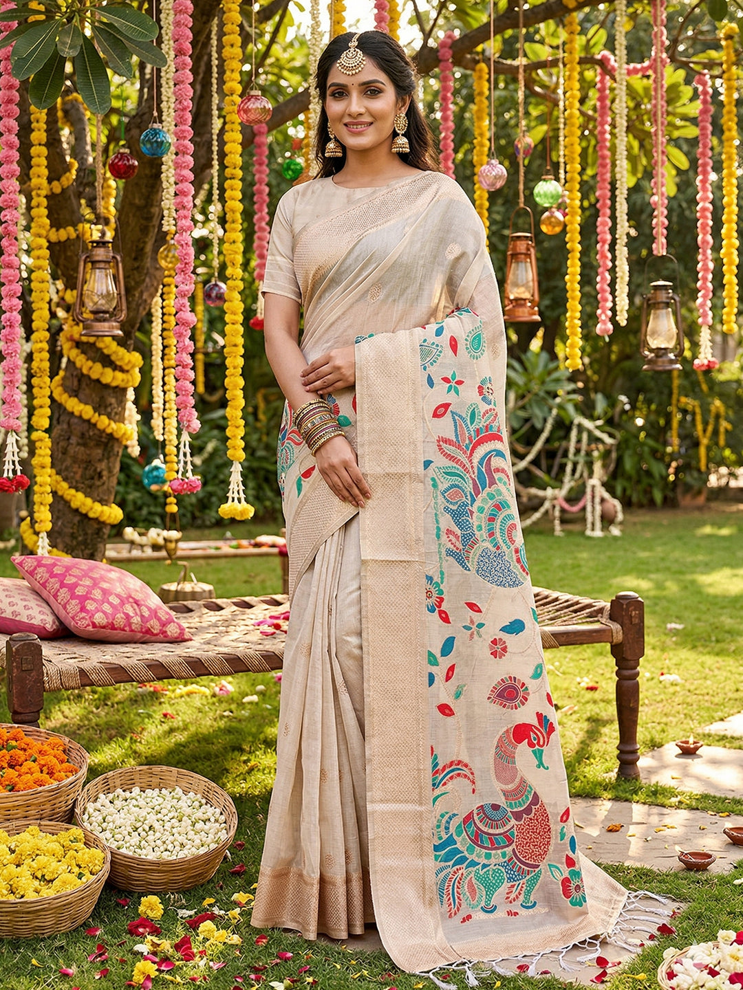 Sutriti Beige Tissue Silk Saree for Women Festive Wedding PSofty Wear Ethnic Saree