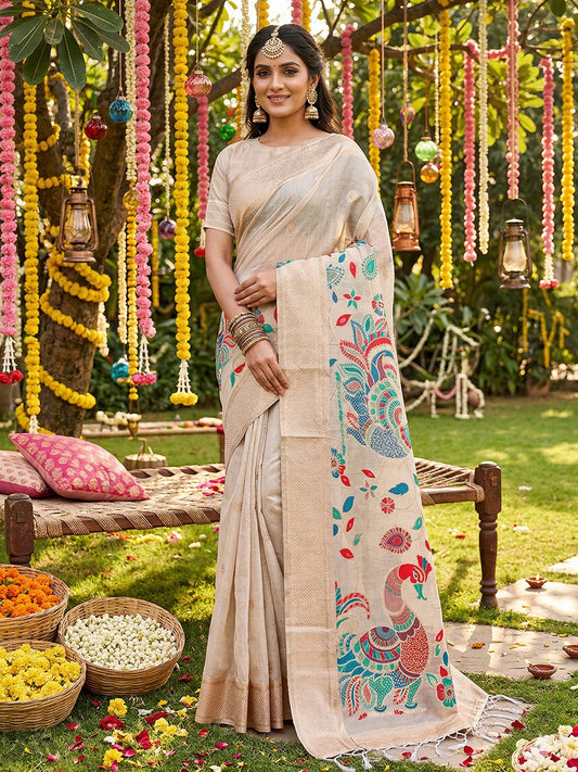 Sutriti Beige Tissue Silk Saree for Women Festive Wedding PSofty Wear Ethnic Saree