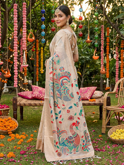 Sutriti Beige Tissue Silk Saree for Women Festive Wedding PSofty Wear Ethnic Saree