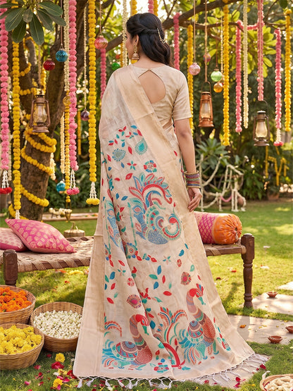 Sutriti Beige Tissue Silk Saree for Women Festive Wedding PSofty Wear Ethnic Saree