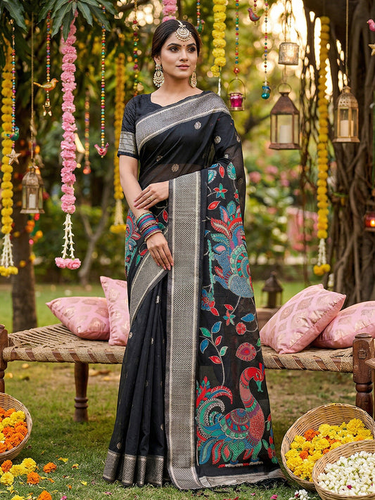 Sutriti Black Linen Saree for Women Festive Wedding PSofty Wear Ethnic Designer Saree