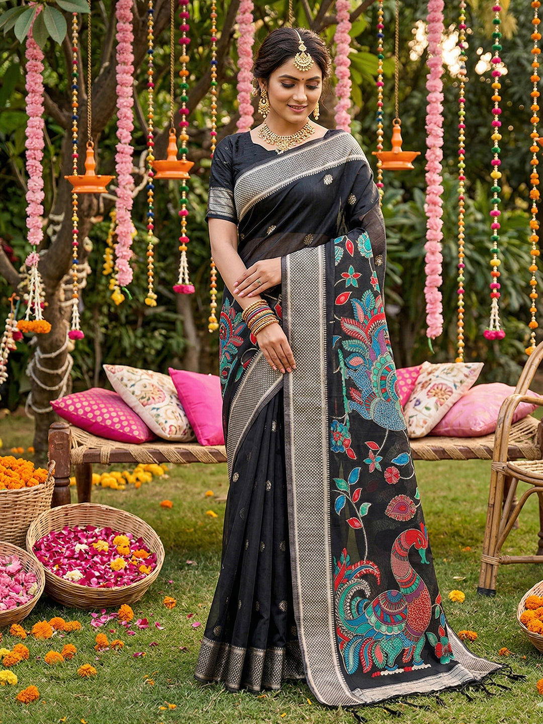 Sutriti Black Linen Saree for Women Festive Wedding PSofty Wear Ethnic Designer Saree