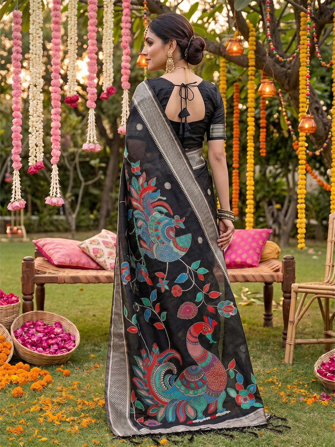 Sutriti Black Linen Saree for Women Festive Wedding PSofty Wear Ethnic Designer Saree
