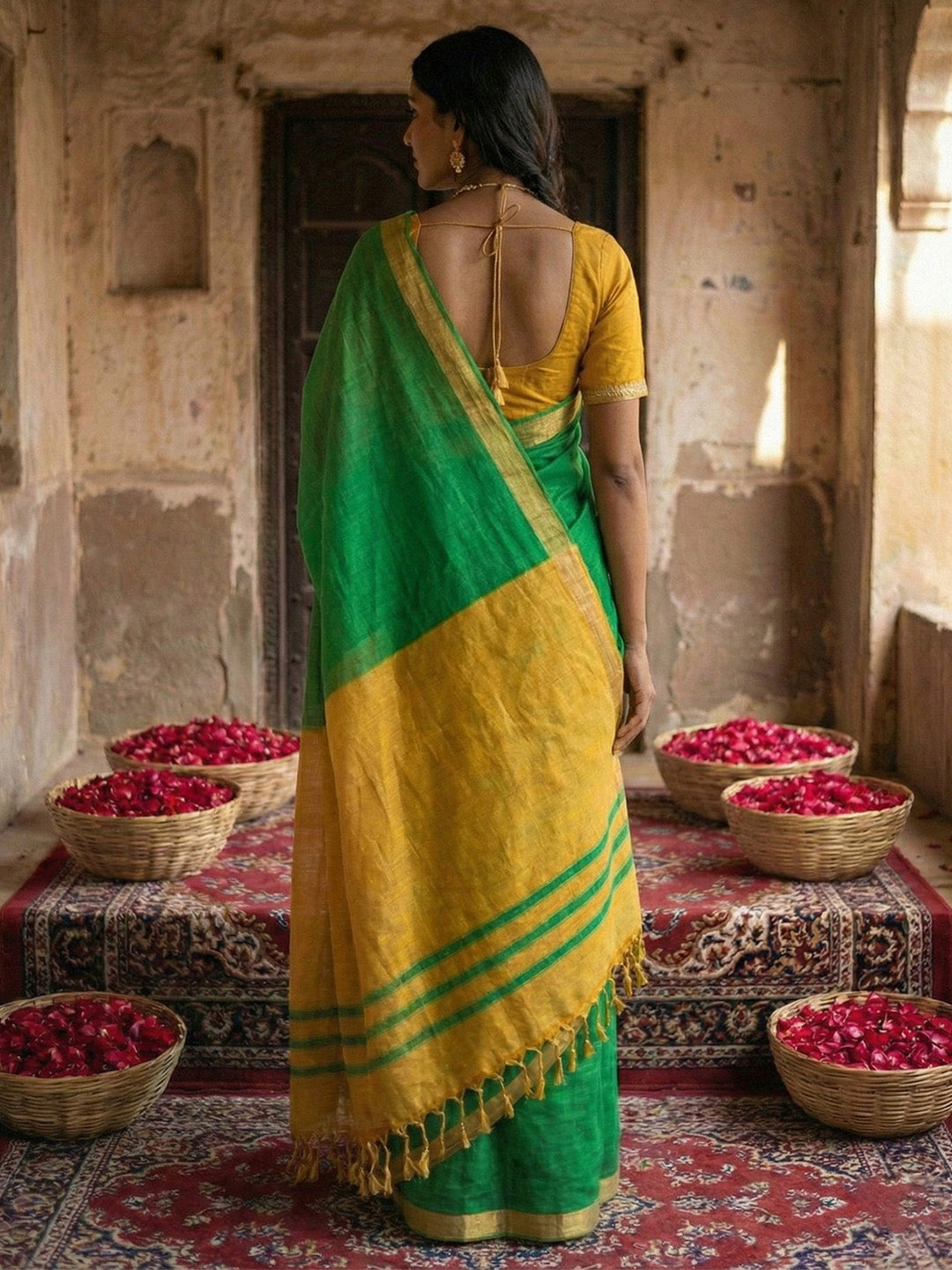Sutriti Green & Beige Woven Design Linen Blend Saree