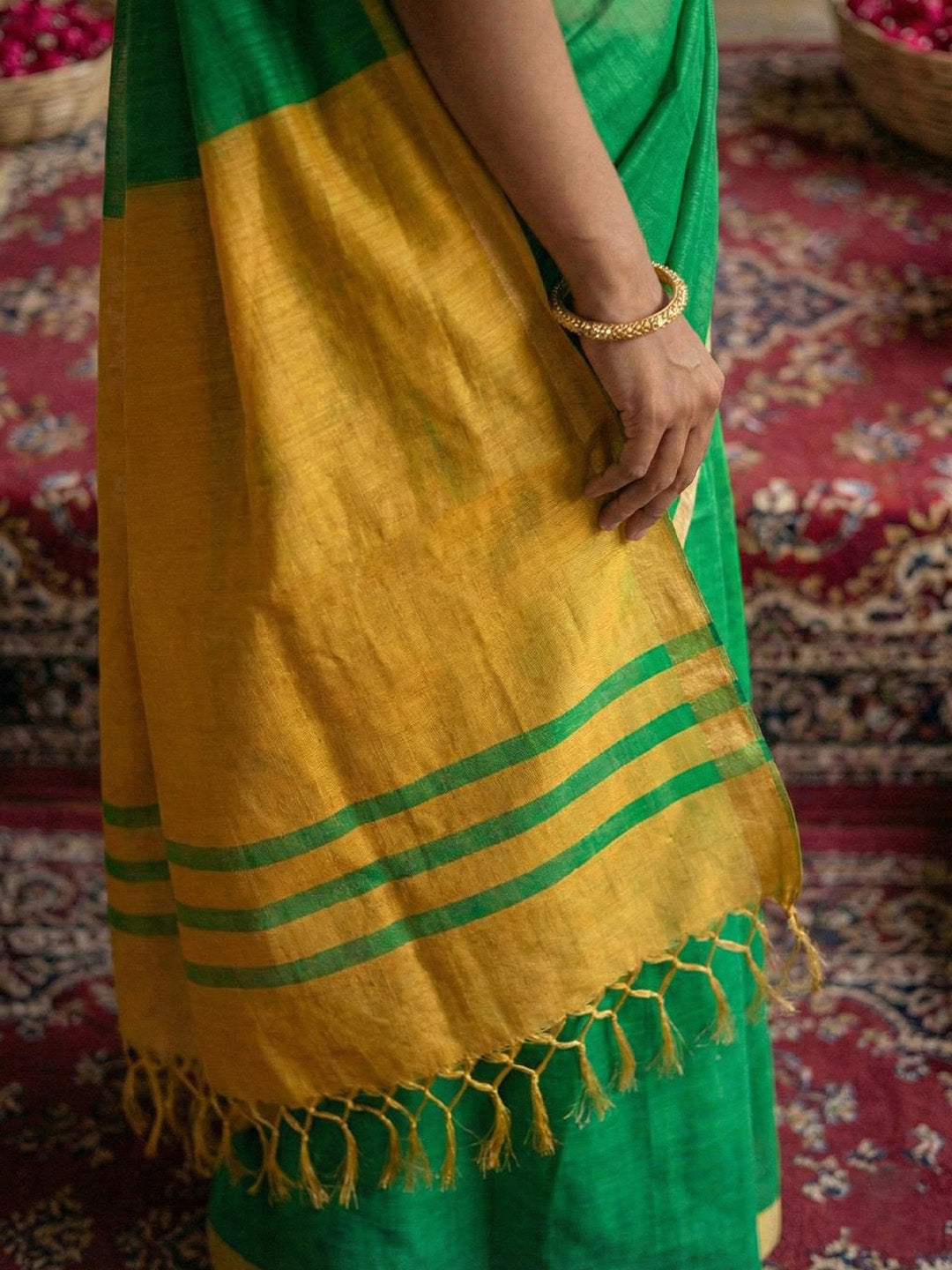 Sutriti Green & Beige Woven Design Linen Blend Saree