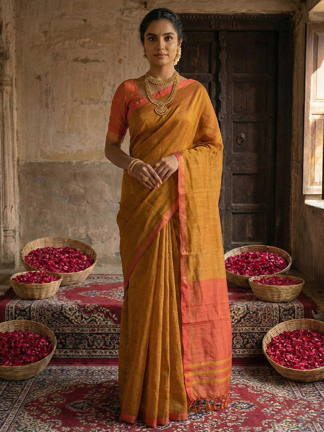 Sutriti Orange-Coloured & Red Woven Design Linen Blend Saree