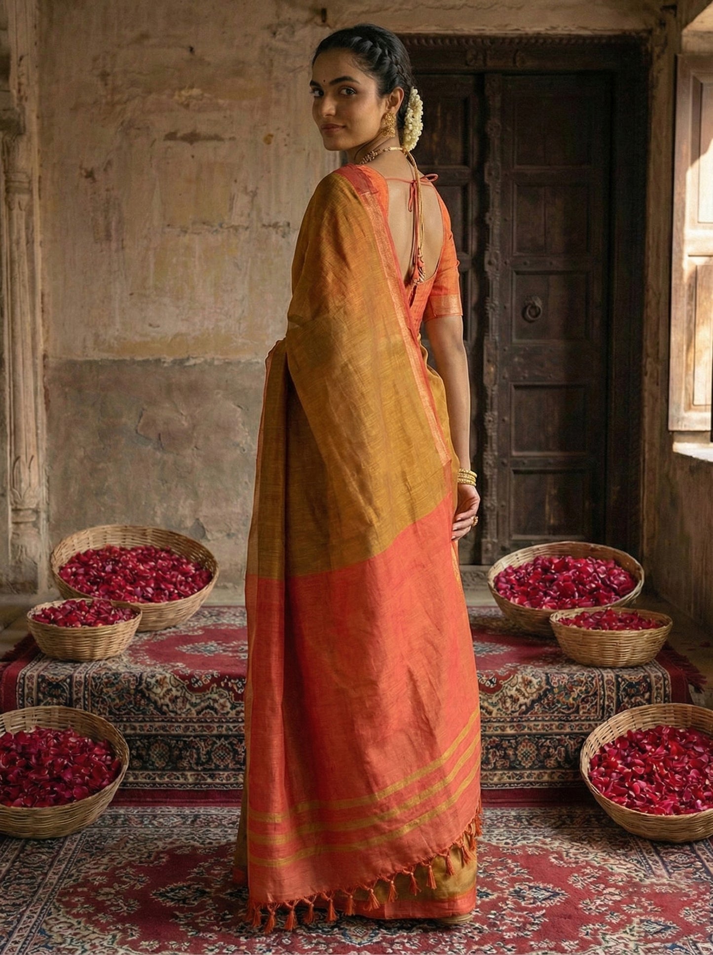 Sutriti Orange-Coloured & Red Woven Design Linen Blend Saree