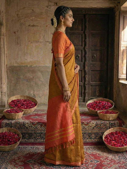 Sutriti Orange-Coloured & Red Woven Design Linen Blend Saree