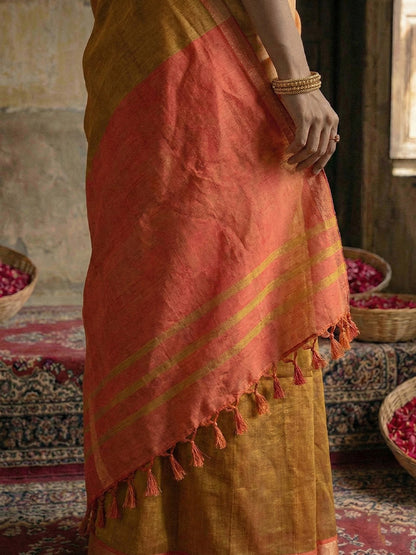 Sutriti Orange-Coloured & Red Woven Design Linen Blend Saree