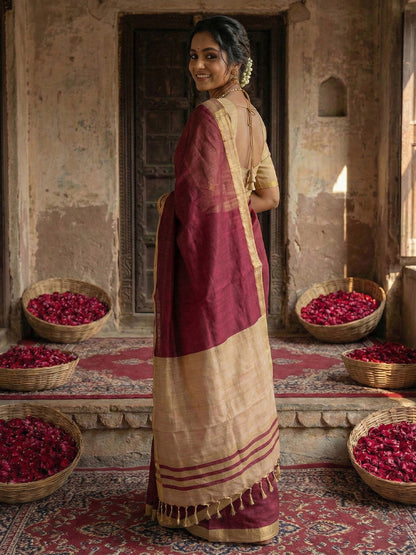 Sutriti Wine & Golden Beige Woven Design Linen Blend Saree