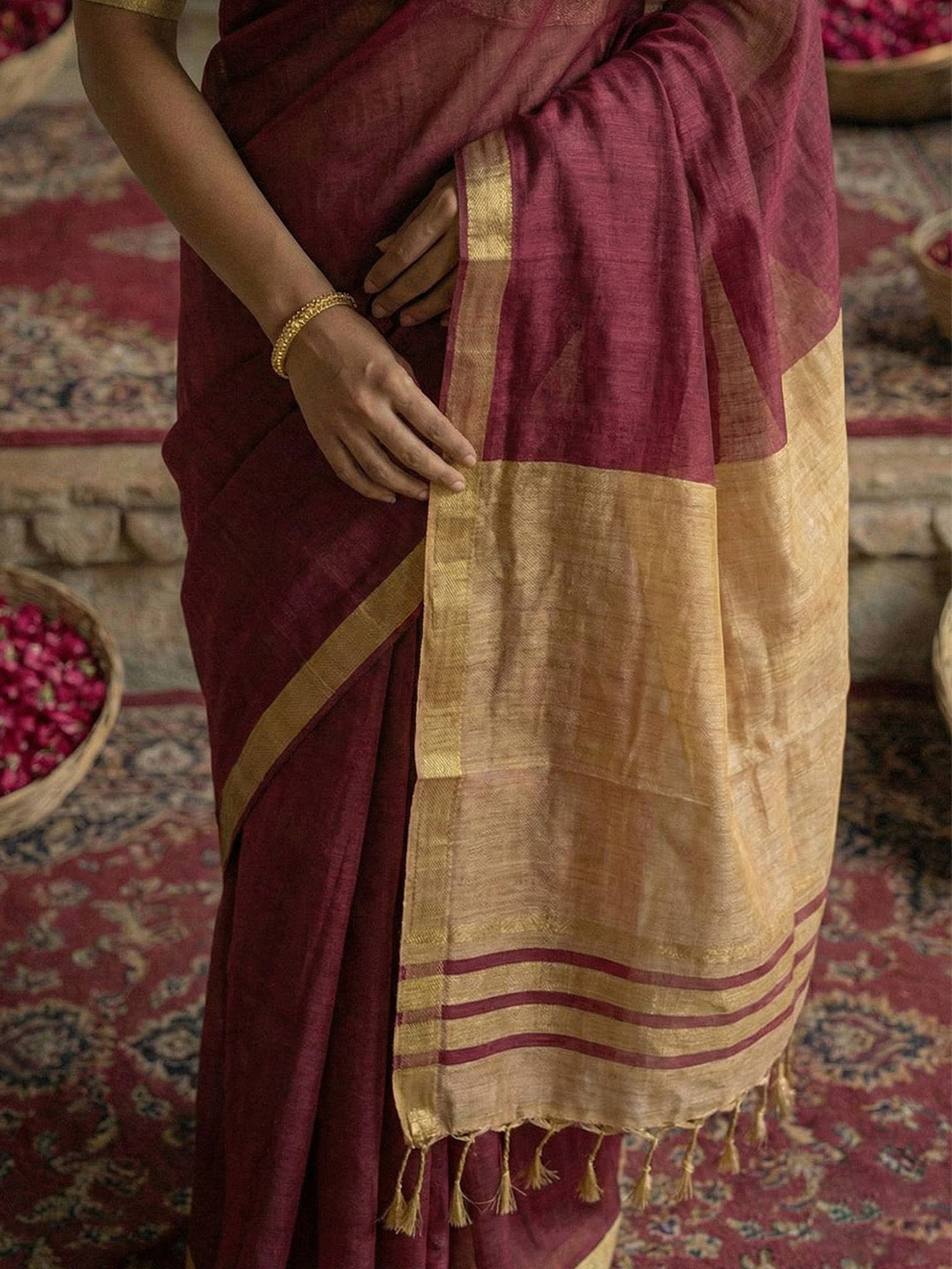 Sutriti Wine & Golden Beige Woven Design Linen Blend Saree