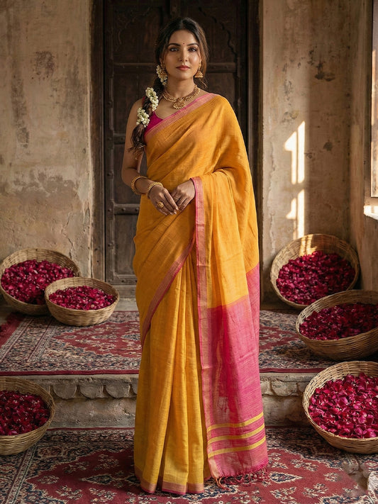Sutriti Mustard Yellow & Pink Woven Design Linen Blend Saree