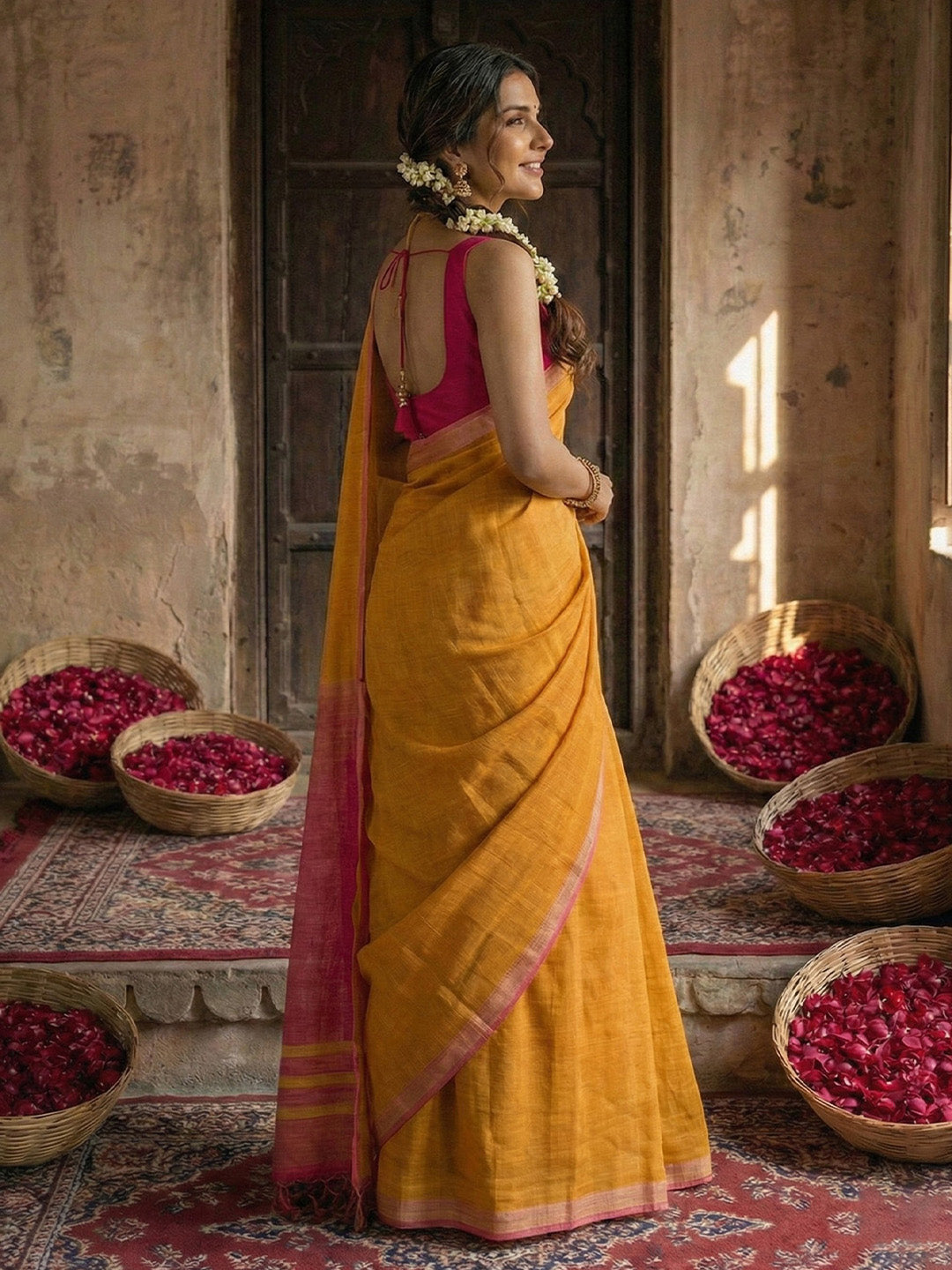 Sutriti Mustard Yellow & Pink Woven Design Linen Blend Saree