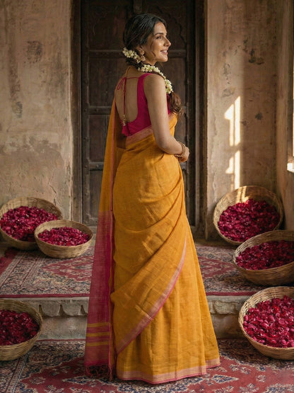 Sutriti Mustard Yellow & Pink Woven Design Linen Blend Saree