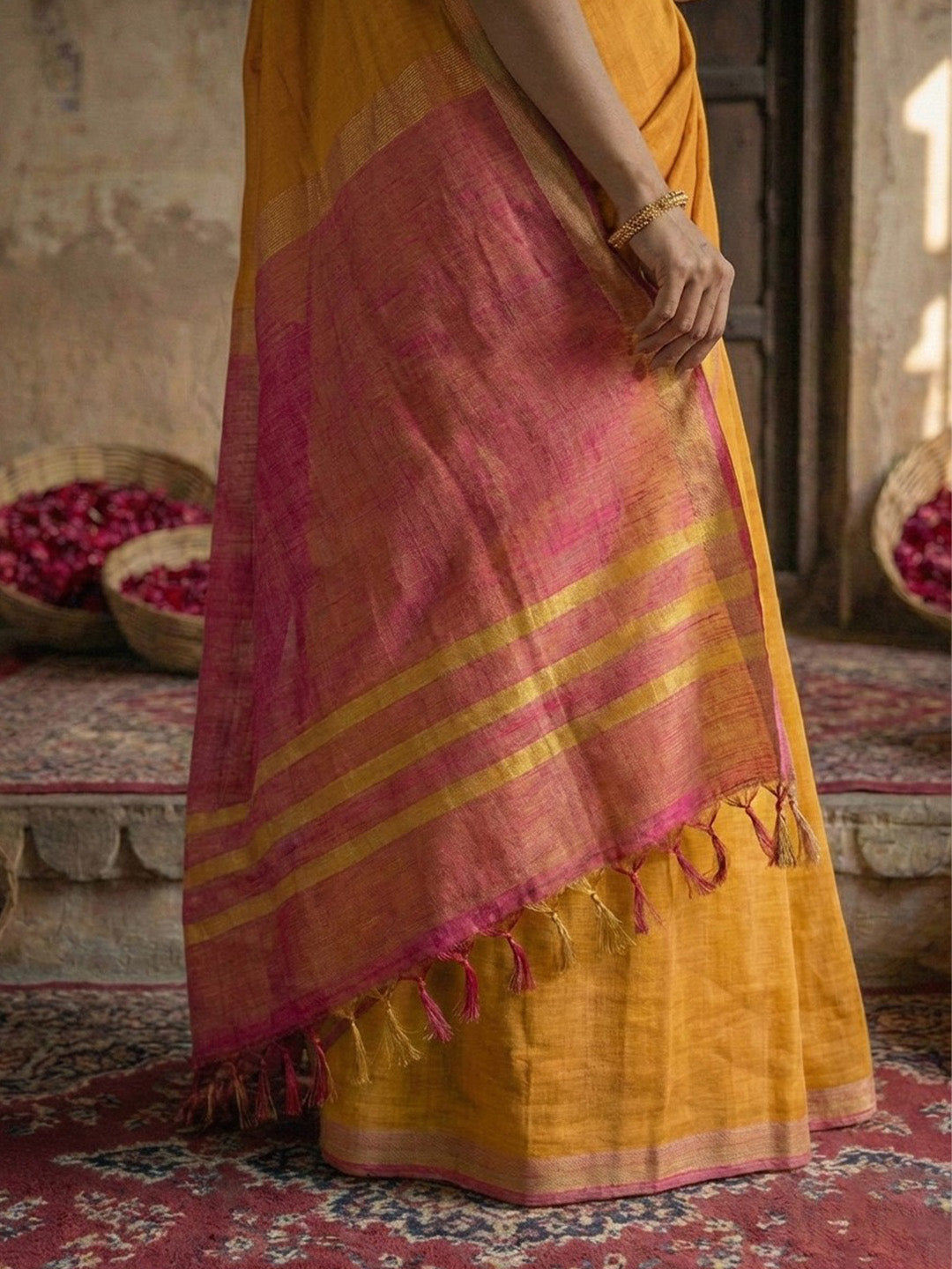 Sutriti Mustard Yellow & Pink Woven Design Linen Blend Saree