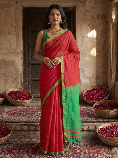 Sutriti red & green tissue silk contrast pallu border wedding saree classic festive collection